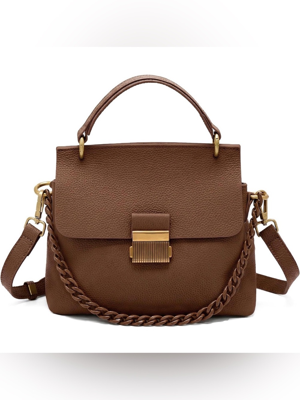 Genuine Leather Top Handle Shoulder Bag Women Crossbody Handbag Chain Detail
